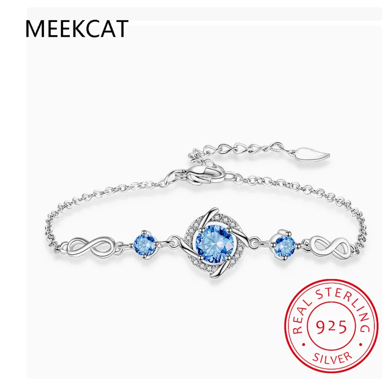

Round Genuine Natural Blue Topaz 925 Sterling Silver Infinite Love Bracelet for Women Statement Gemstone Jewelry Pulseiras Prata