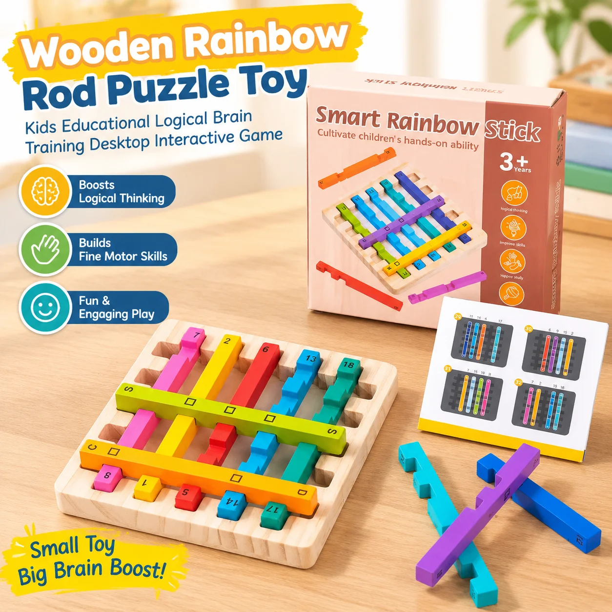 Wooden Rainbow Rod Puzzle Toy Kids Educational Logical Brain Training Desktop Interactive Game
