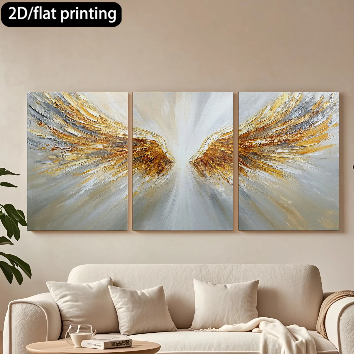 

2D плоская печать, 3-х частная картина на холсте в деревянной раме, декоративная живопись, Золотые крылья ангела, сияющее искусство. Декор для коридора и спальни.