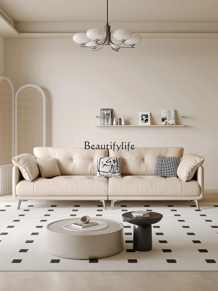 

Cream wind leather sofa straight row small apartment high foot cloud sofa modern simple first layer cowhide floating clouds