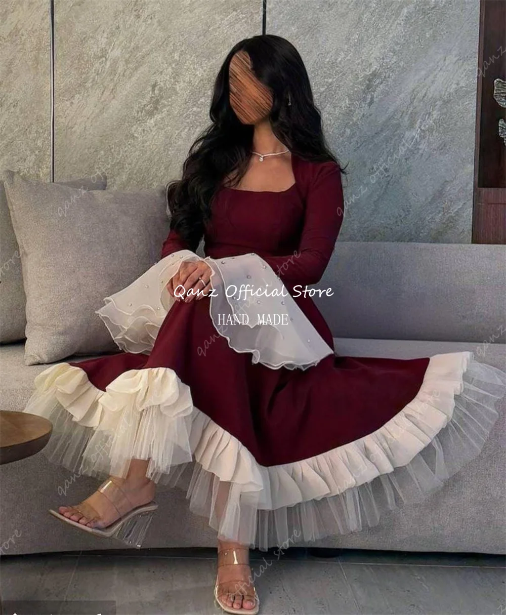 Qanz Dubai  Short Crepe Evening Dresses with Ruffles A-Line Long Sleeves Tea Length Wedding Guest Dress for Women Customized