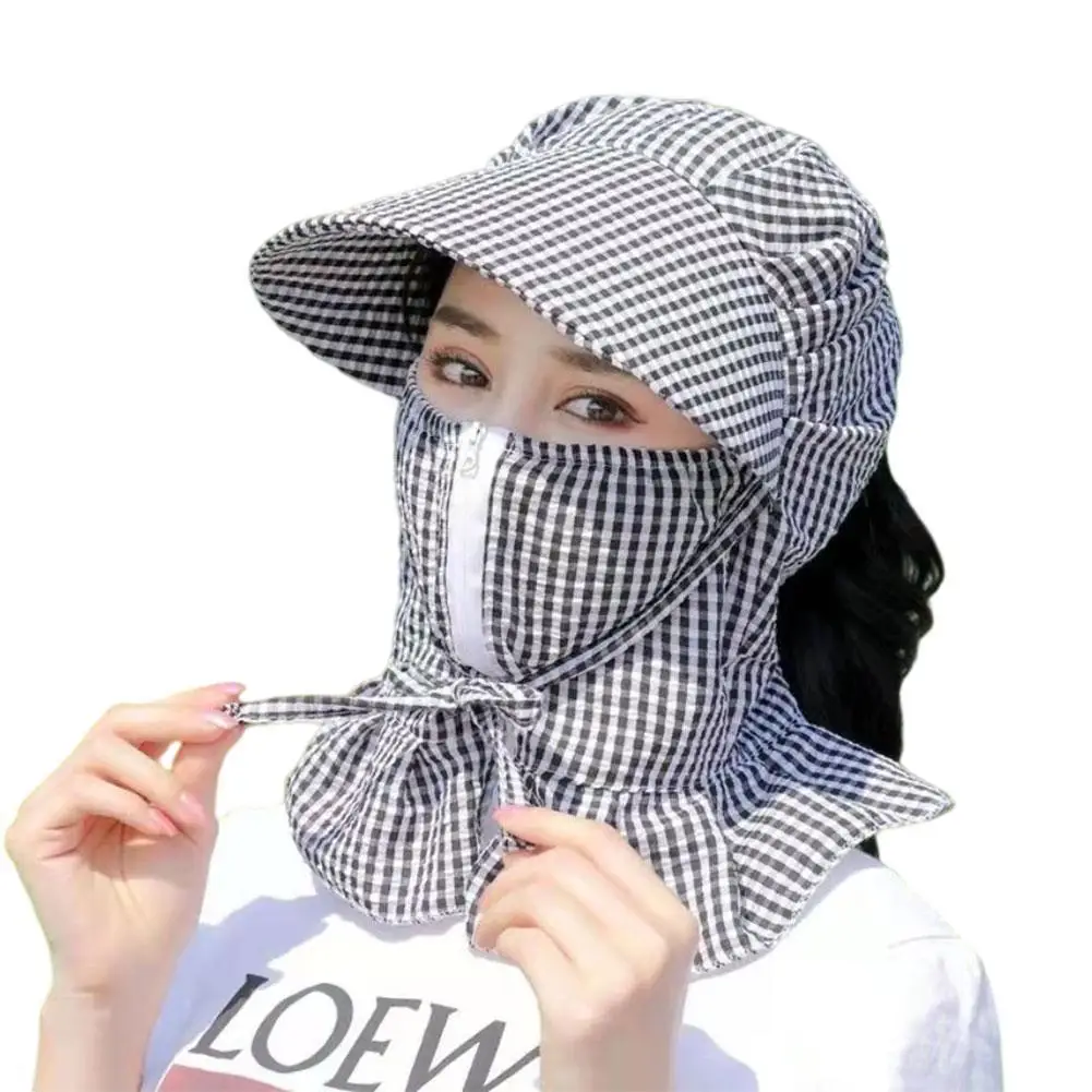 Outdoor Visor Mask One Lattice Summer Breathable Mask Face Dust UV Riding Mountain Face Mask Neck Zipper Design Sunshade Hat