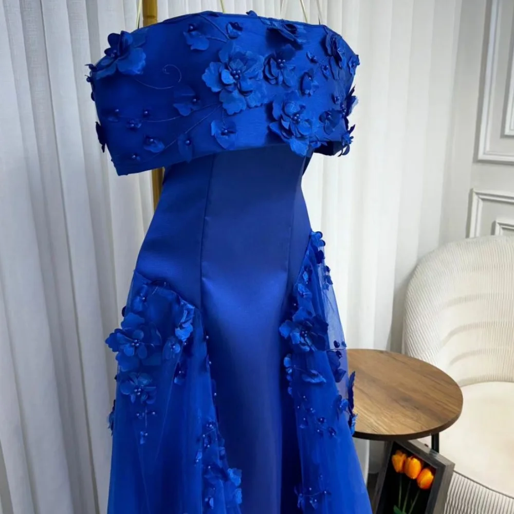 Cathy personalizar azul 3D flores fuera del hombro vestidos de fiesta satén A-line vestidos de novia hasta el suelo vestidos de noche 2024