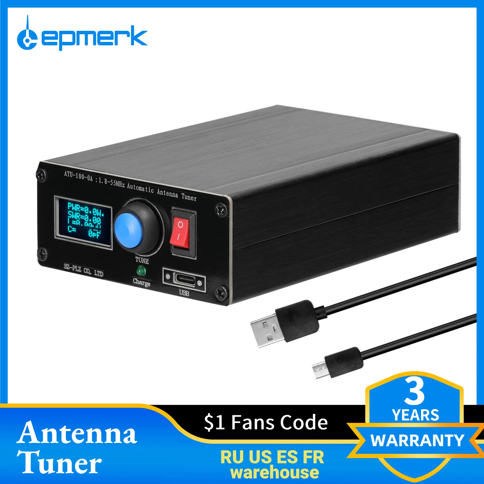 Lepmerk ATU-100-10A 1.8-55MHz Mini Automatic Antenna Tuner 0.91inch OLED Display Aluminum Alloy Outcase with1800MAh Battery