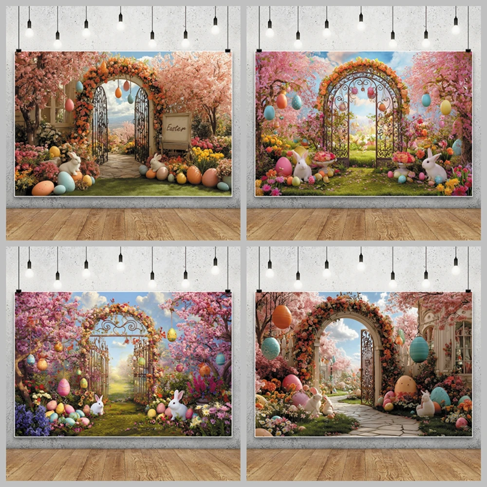 

Spring Pink Flowers Easter Photography Backdrop Bunny Green Lawn Natural Scenery Kid Baby Shower Birthday Party Decor Backgroud