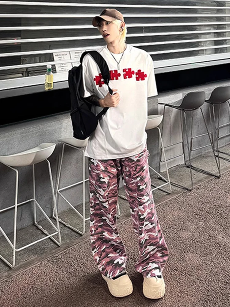 

Pink Camouflage Wide Leg Men's Jeans Spring Dopane Workwear Straight Leg Loose Fit Classic Sle Distred Casual Trousers