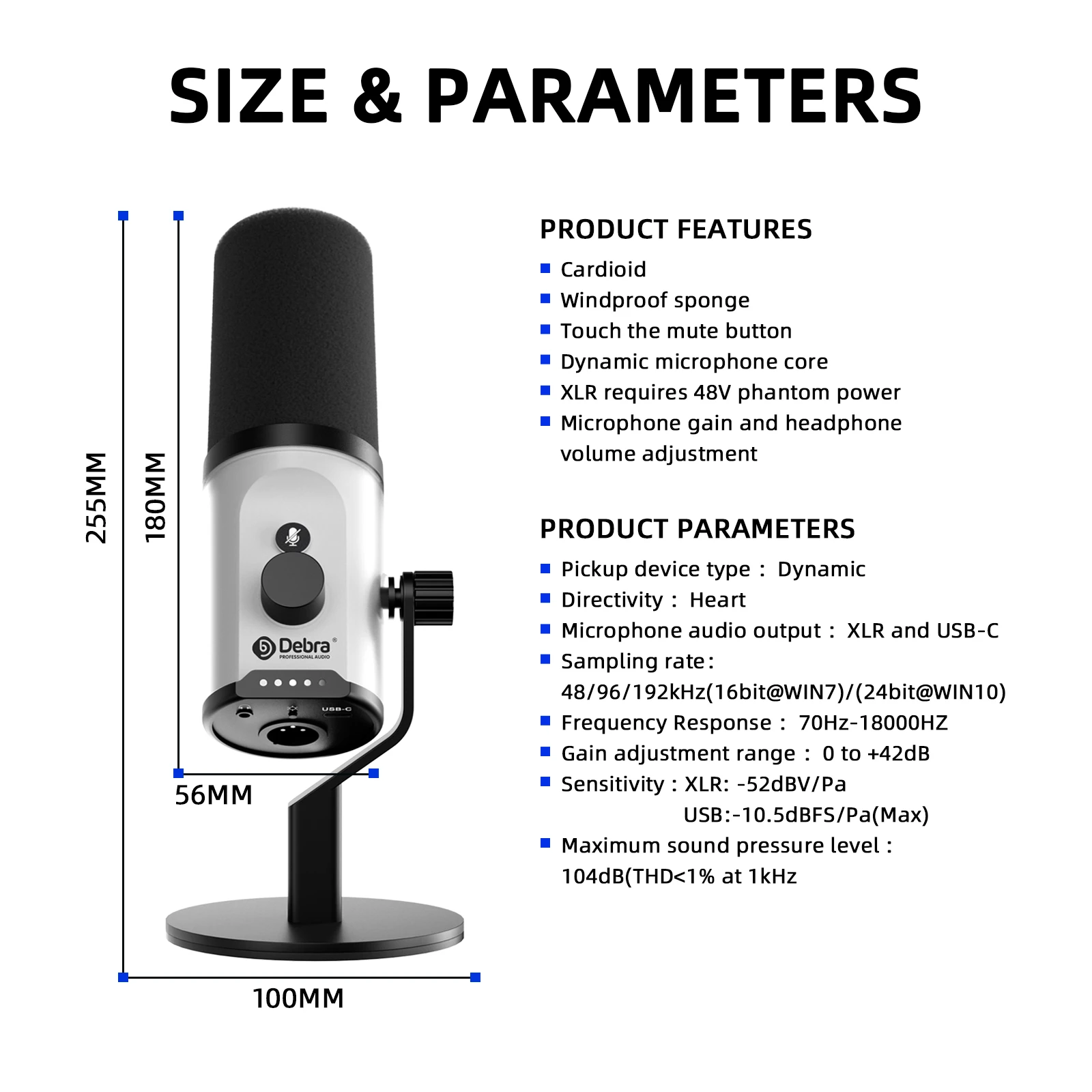 ميكروفون سطح المكتب Debra USB/XLR ثنائي الوضع لبطاقات الصوت وخلاطات الهواتف وأجهزة الكمبيوتر وتأثيرات الإضاءة الديناميكية RGB