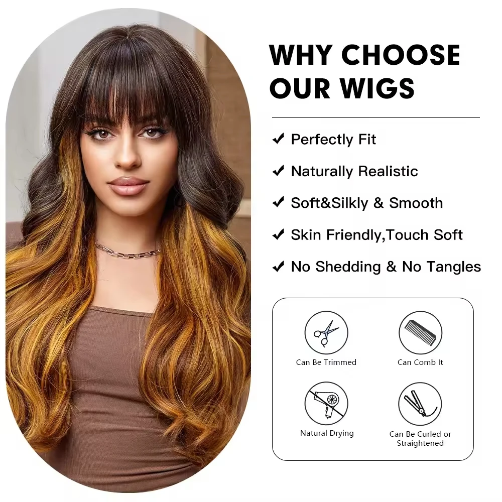 ALAN EATON Brown Blonde Layered Synthetic Wigs Long Natural Body Wavy Wig with Bangs Party Cosplay Hair for Women Heat Resistant