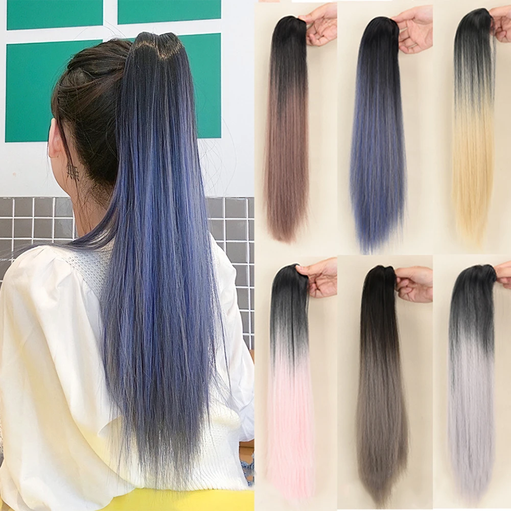 

synthetic wig Gradient Color Highlight High Ponytail Clip-on Wig Hottie Natural Fluffy Long Straight Curly Women Hair Extension