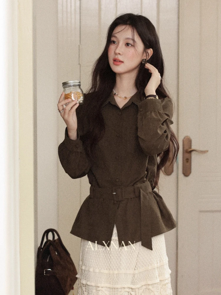 ALXNAN Plus Size Overhemd Bruin Revers Kant Kantoor Dame Overhemd met Riem 2025, Herfst Losvallend Casual Lange Mouw Blouse Dames D57750