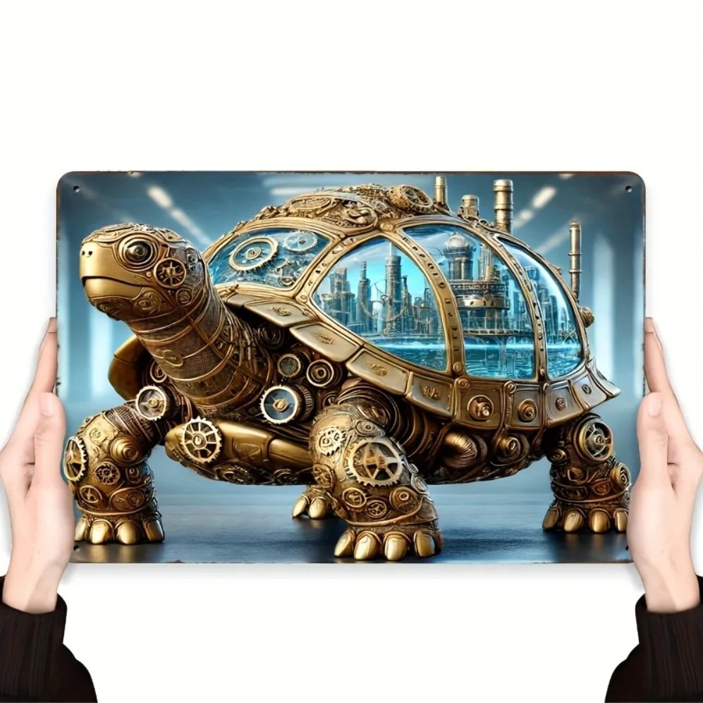 Vintage Industrial Iron Wall Sign: Intricate Mechanical Turtle Design with Golden Finish – Unique Art Decor for Bedrooms,