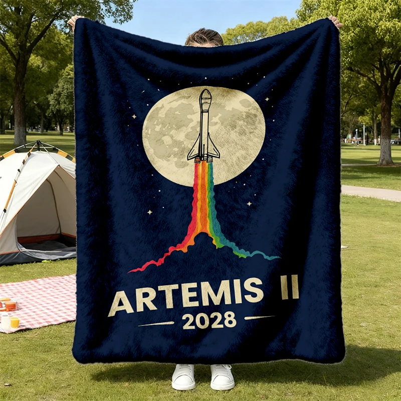 Artemis II 2026 Mission Flannel Blanket, Moon Mission, Space Exploration Gift, Retro Rocket Launch Pullover Flannel