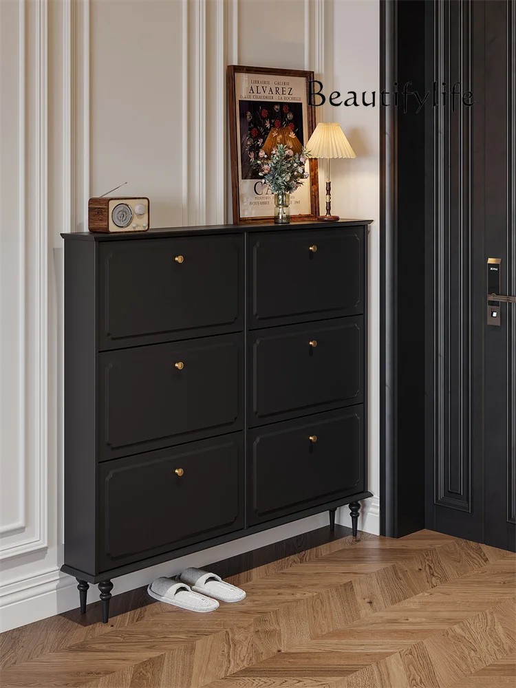 American Ultra-Thin Tilting Shoe Cabinet Home Doorway Retro Narrow Small Apartment Black Shoe Cabinet