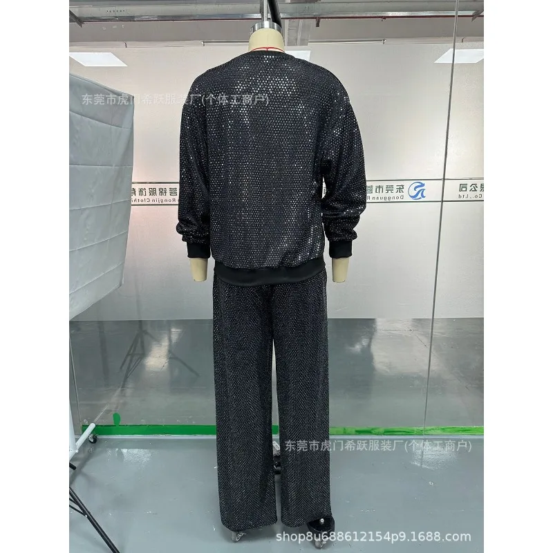 ชุดเซ็ตเสื้อแขนยาวคอกลมทรงหลวมพร้อมเชือกรูด กางเกงขายาวทรงกว้าง ลายท้องฟ้าเต็มดาว สไตล์ยุโรปและอเมริกา สำหรับฤดูใบไม้ร่วง