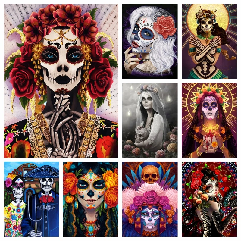 

Sugar Skull Mexican Day Of The Dead Art AB Diamond Mosaic Painting Full Drills Catrina Tehuana Cross Stitch Craft Room Decor