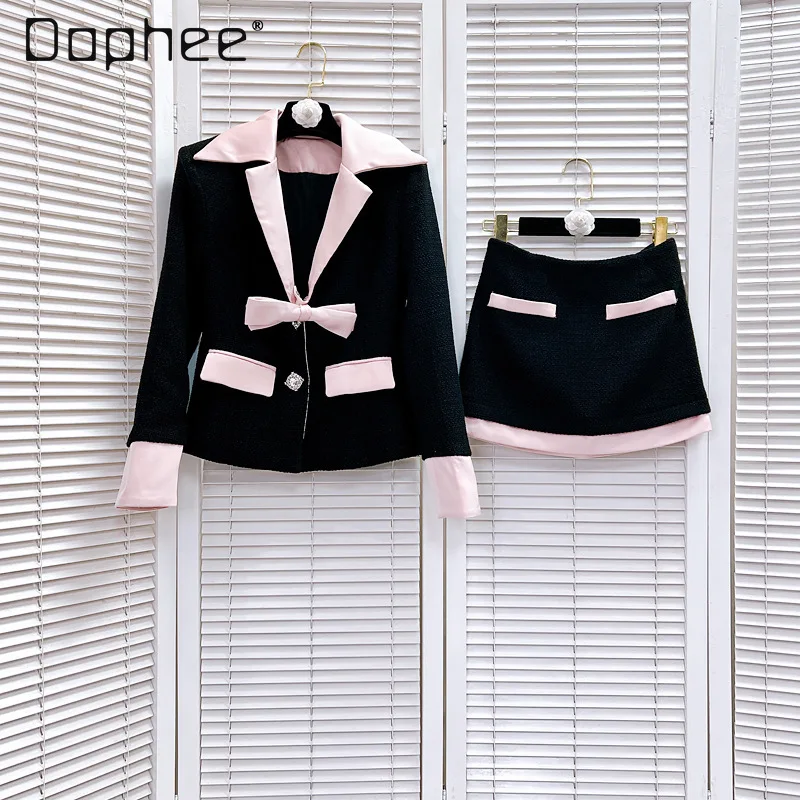 

Women Small Fragrance 2 Piece Set Lapel Long Sleeve Bow Jacket Coat + A Line Mini Skirt Suits Contrast Color 2024 Spring Autumn