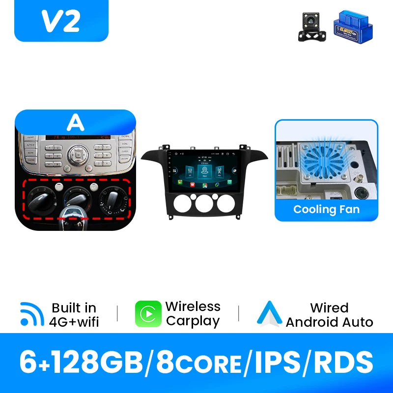 Draadloze Carplay Autoradio Speler Voor Ford S-Max 2007-2015 Android14 Auto 4G Wifi Multimedia GPS DSP 1280*720 IPS Scherm Geen 2Din