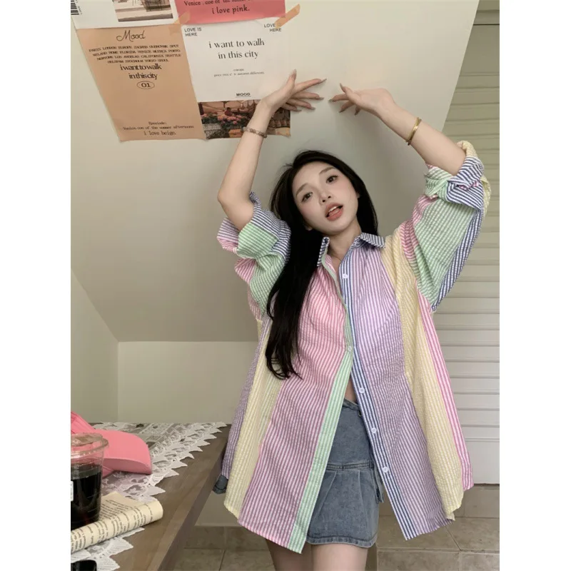 Korean Colorful Striped Long Sleeved Rainbow Shirt  Women Summer 2023  New Sweet Design Loose Fitting Mid Length Sun Protection