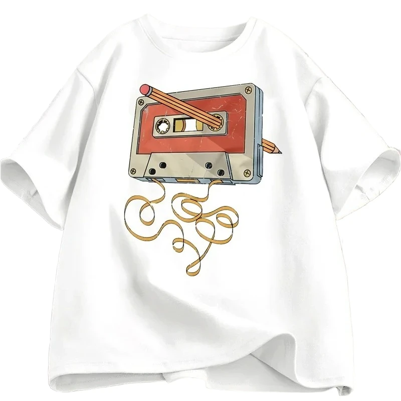 Casual Short-sleeved T-shirts Printed with Cassette Tape Designs From The 80s 90s Featuring 80s Music, Retro, and Harajuku Style