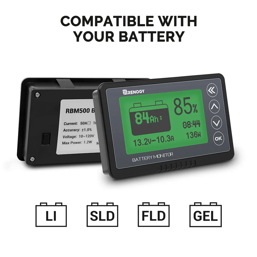 Monitor batteria Renogy 500A con gamma di allarme di tensione Shunt compatibile 12V Gel sigillato al litio allagato