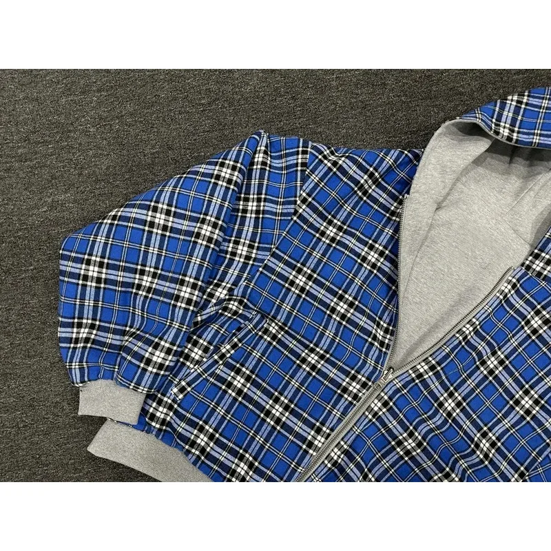 บ้านหมี Casual Retro Mens Zipper Hoodie Gothic Blue ลายลายสก๊อตด้านหน้าและด้านหลัง 2 เสื้อกันหนาว 90s Hip Hop Loos 2025 ใหม่