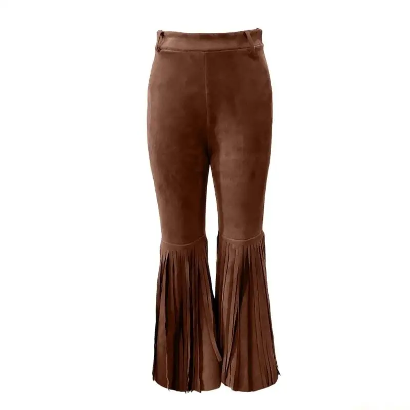 31BF Vintage Fringe Pants for Women High Waist Trousers Club Party Western Stretch Flared Pants