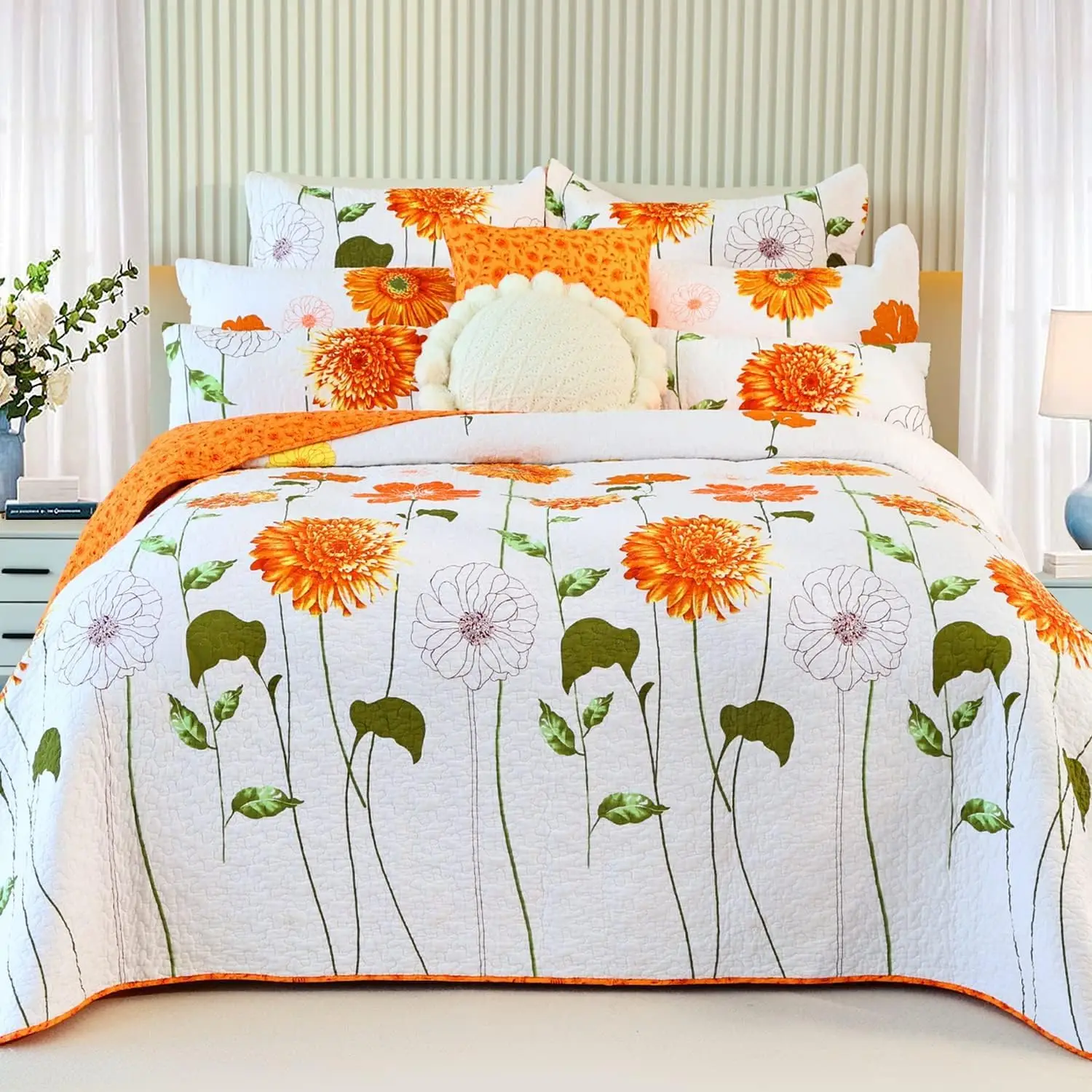 100% Cotton Quilt King Size Orange Sunflower Bedding Set Floral Lightweight Quilt Reversible Coverlet Bedspread with 2 Pillow