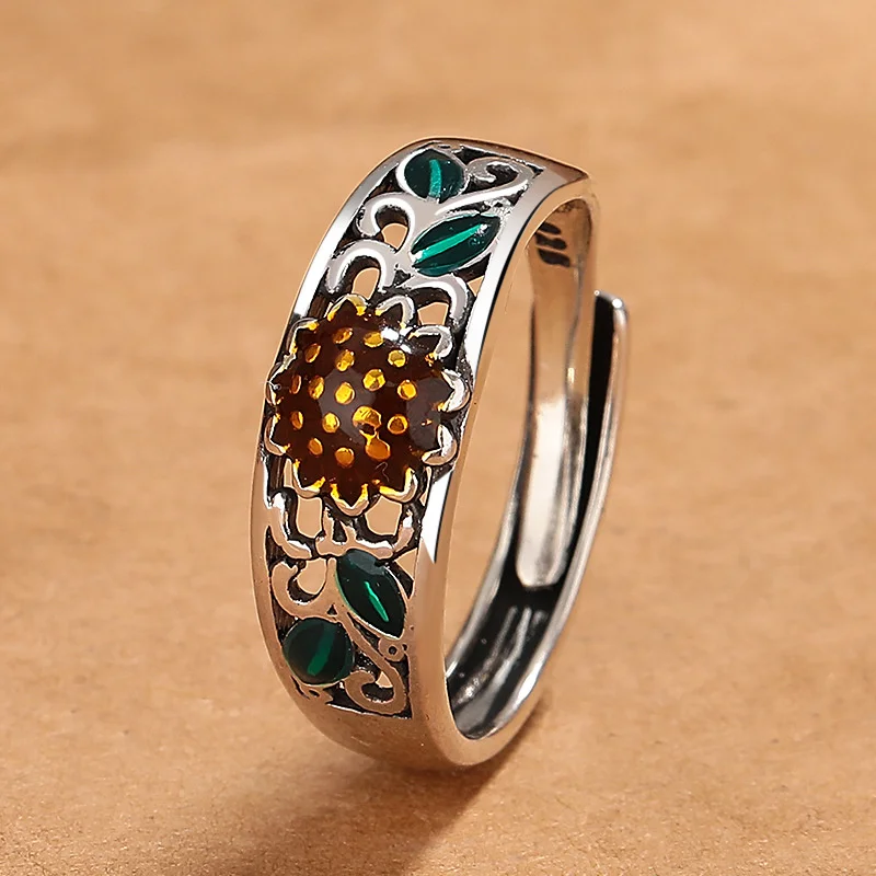 

Ethnic Style Enamel Flower Ring For Women Jewelry Fashion Colored Sunflower Ring Female Index Finger Accessories