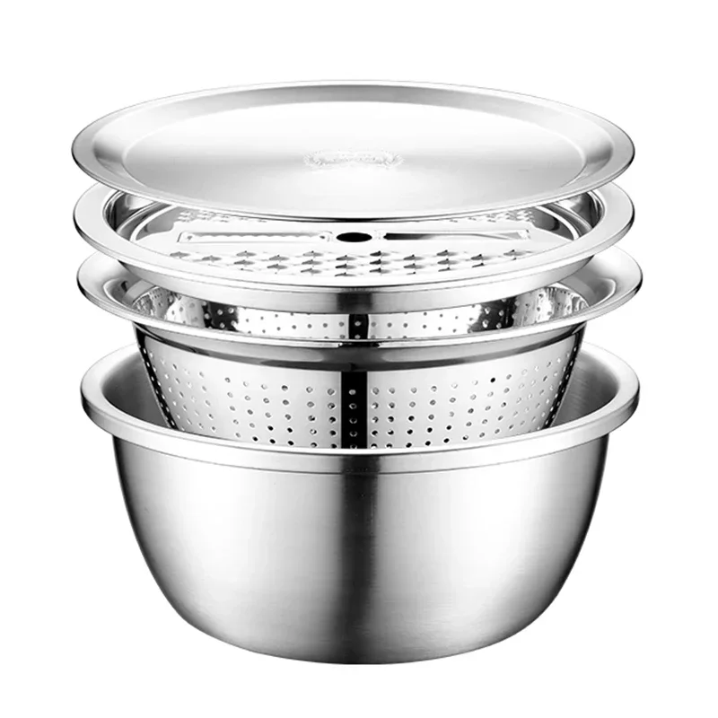 4PCS Set 304 Stainless Steel Bowl with Lid Kitchen Cooking Salad Mixing Bowls Set Washing Drain Basket Soup Basin Strainer