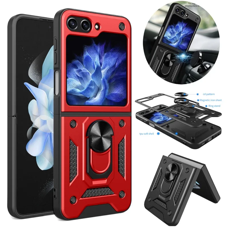 

For Samsung Galaxy Z Flip 7 6 5 4 3 Magnet Ring Phone Case Camera Slide Military Grade Armor Protect Silicone Soft Cover Cases