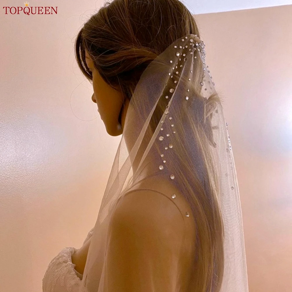 TOPQUEEN V169 Wedding Veil with Rhinestones Bridal Veils 1 Tier Bridal Hair Accessories 100cm Long White Off White Ivory