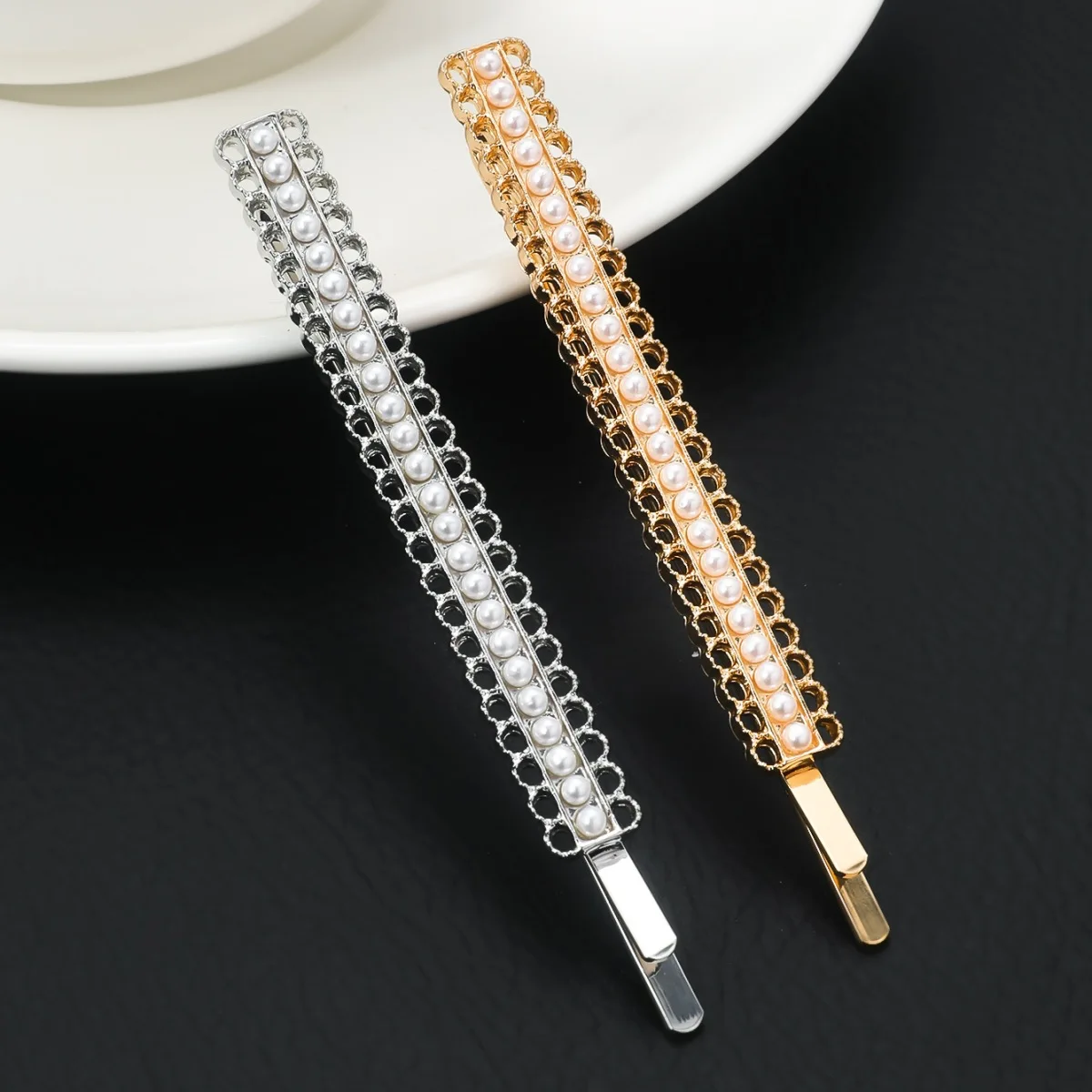 

mat Pearl And Diamond Encrusted Chain Hair Clip Faionable Ele Hair Accories Cross-Border One-Word Hairpin