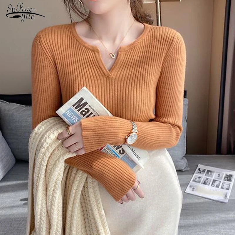 

Elegant Slim Long-sleeve Bottoming Tops Women 2023 Spring Autumn V-neck Knitted Sweater Warm Fashion Solid Color Pullover 23106