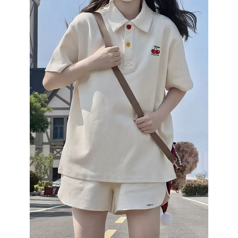 Summer new Japanese style loose polo_neck short sleeves T-shirt+wide leg shorts Youth Campus Style two pieces set for women