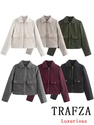 TRAFZA Casual Vintage Chic Women Overcoat Solid Pockets Zipper Pockets Short Loose Coat Fashion 2024 Autumn Winter Warm Jackets