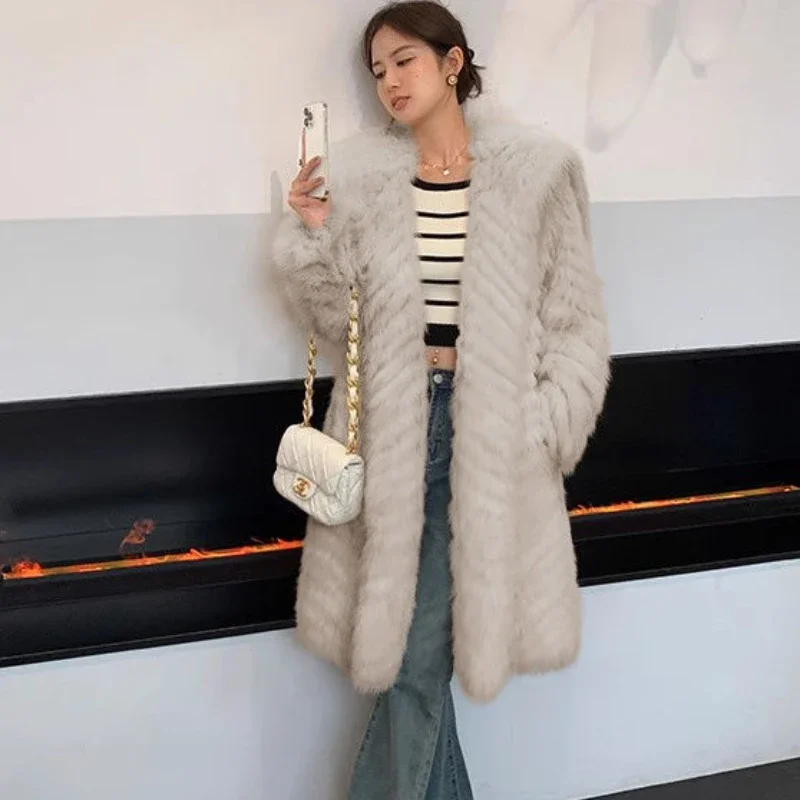 New Style Women's Long Fox Fur Jacket Loose Fit Casual Clothing Overcoat Jacket Collar Made Real Fur