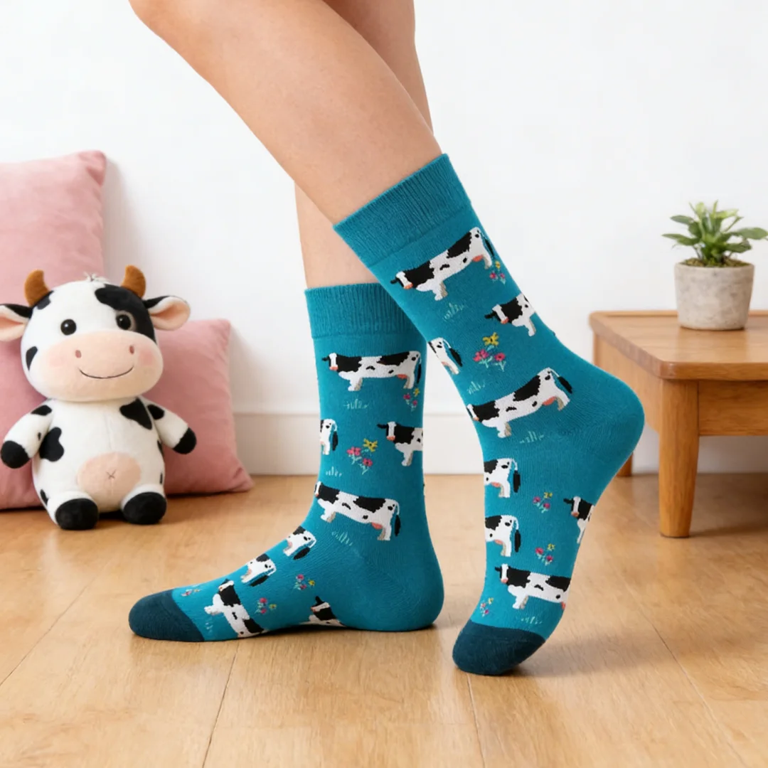 1 Pair Of Men's Novelty Cartoon Milk Cow Pattern , Breathable Comfy Casual Unisex Socks For Daily