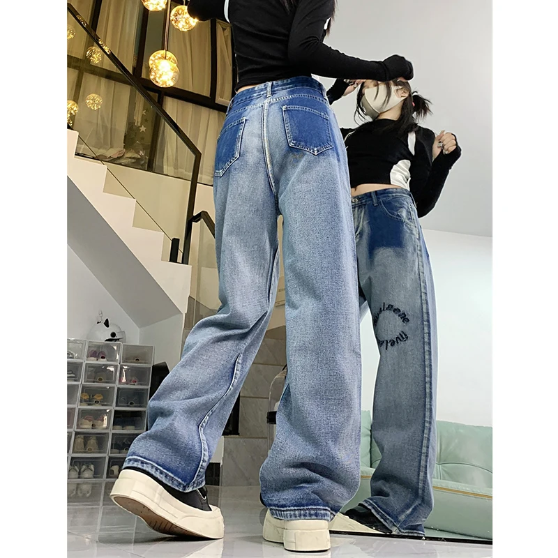 Fashion Niche Gradient Jeans Women Vintage Letter High Waist Loose Straight Wide Leg Denim Pants Female Casual Versatile Trouser