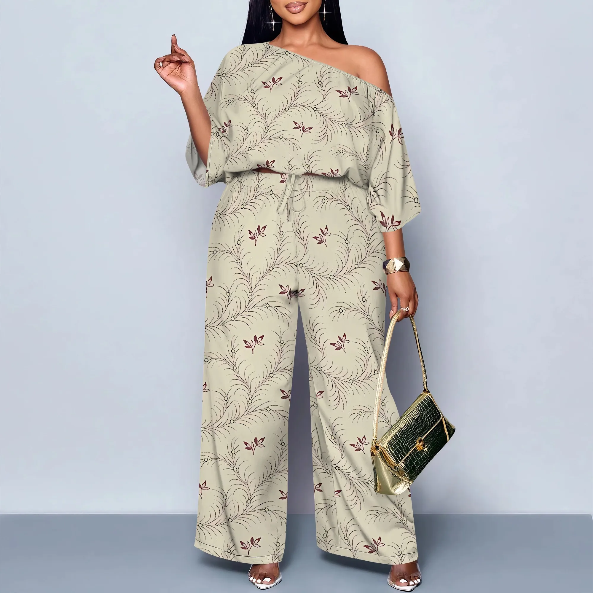 

Nupusa Leaf Pattern Two - Piece Set for Women Summer Casual Off - Shoulder Wide - Leg Outfit