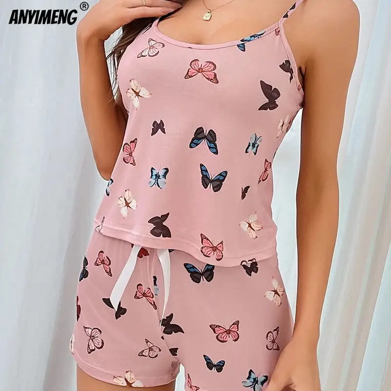 HOT SALE Pink Butterfly Print Pajama Set Casual Backless Cami Top & Bow Shorts Women\'s Sleepwear Sexy Lingerie Woman Loungewear