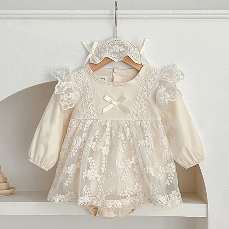 2024 New Spring Newborn Baby Girls Bodysuits+Hair band Long Sleeved Cotton Embroidery Lace Splicing Infant Baby Girls Jumpsuit