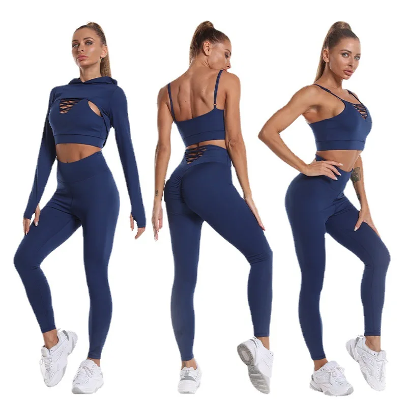 2026 3PCS Hooded Top Yoga Set with Sexy Back Bras Women's Fitness High Waist Tight Sportswear Gym Tight Yoga Suit
