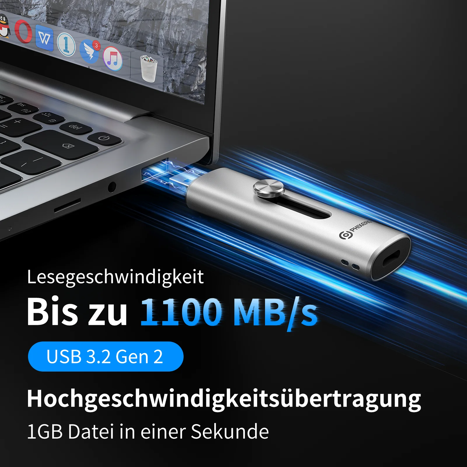 PHIXERO 2-in-1 Push-Pull-Design USB3.0 Flash Drive 128GB/256GB/512GB/1TB/2TB Flash Pen-Disk with High Speed Pocketable Silver