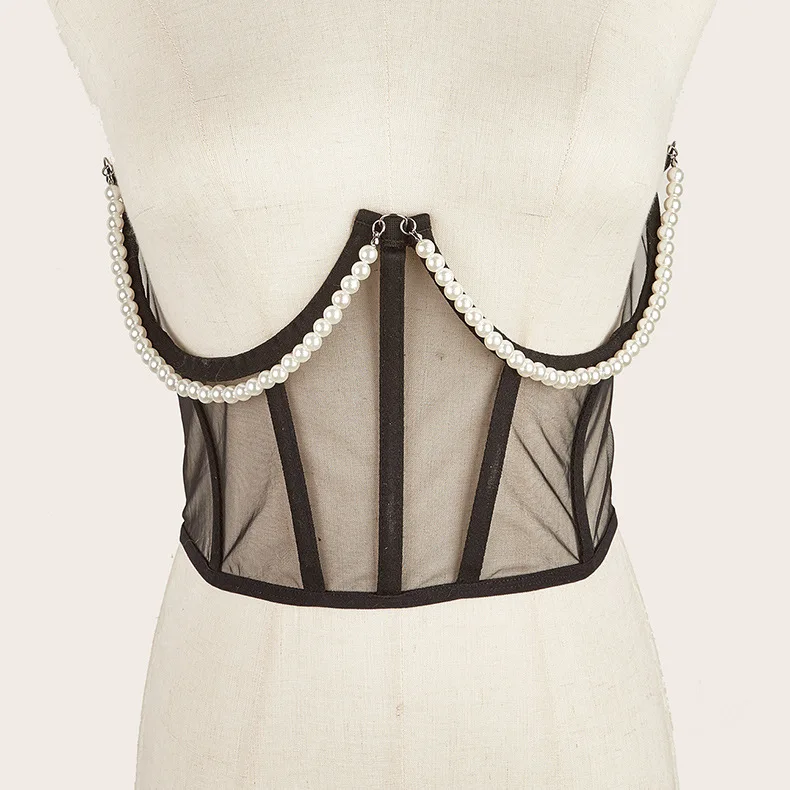 مثير المرأة أسود أبيض وردي مشد حزام الشرير اللؤلؤ سلسلة معدنية القوطي Cummerbund عالية الخصر القمم خمر شبكة انظر من خلال المشدات #4