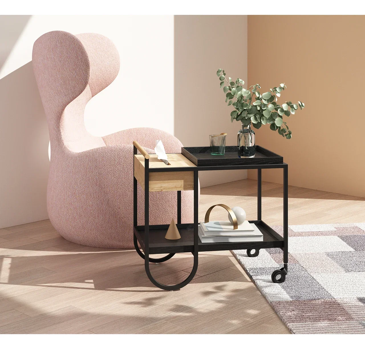 عربة متحركة خزانة تخزين فاخرة خفيفة إسكندنافية صغيرة لغرفة المعيشة أريكة حافة من الخشب الصلب قليلة #6