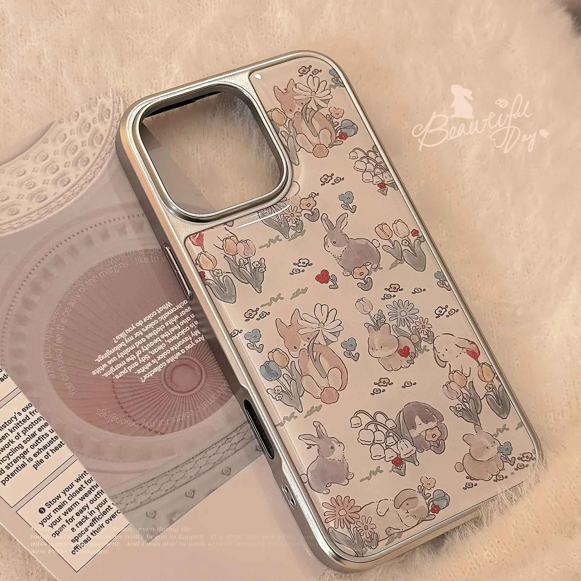 Bunny Garden flowers countryside rabbit Plating drop glue Phone case For iPhone 16 15 14 13 Pro Max Case Cute Cartoon art Cover