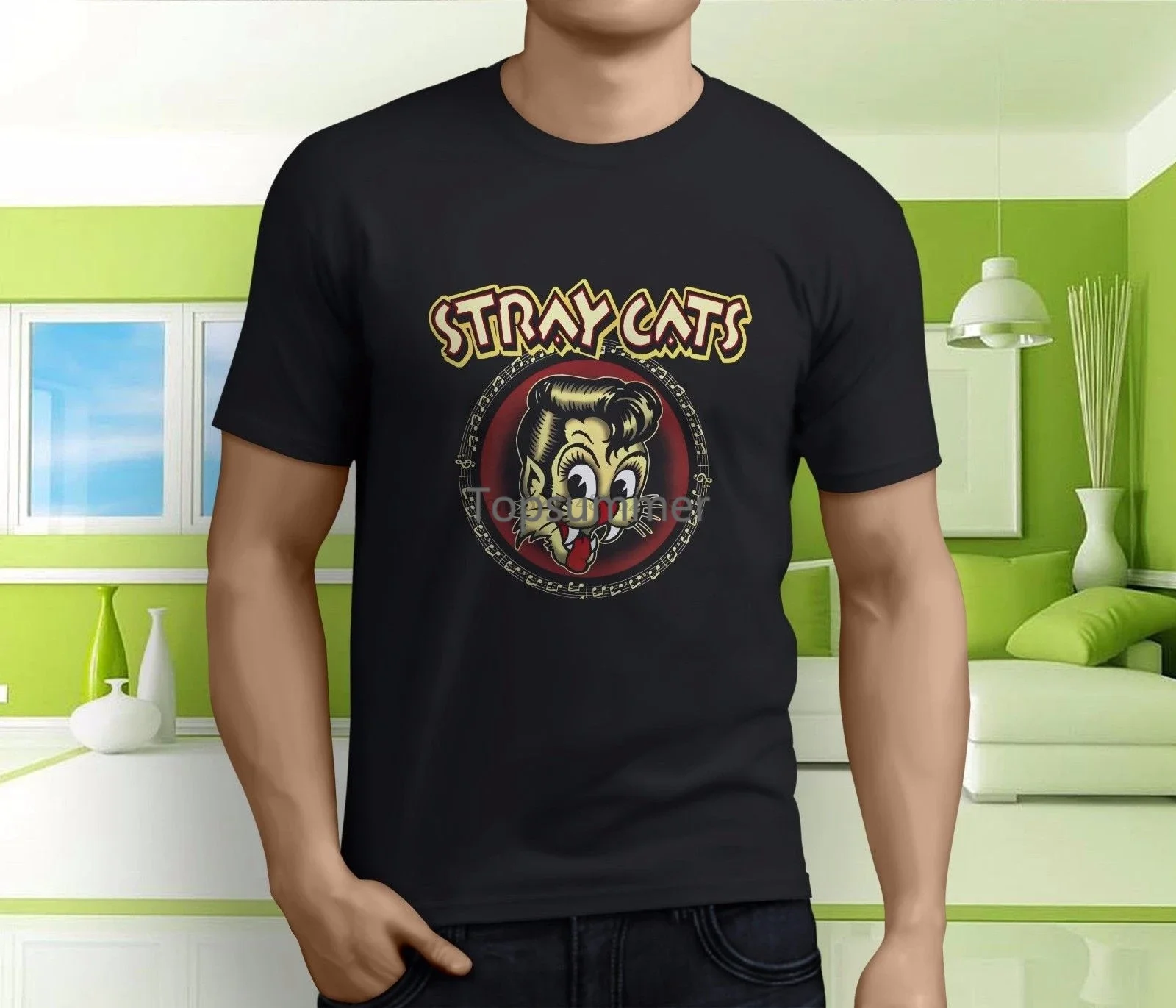 New Popular Stray Cats Rock Band Men Black T Shirt Size S 3Xl High Quality Casual Printing Tee