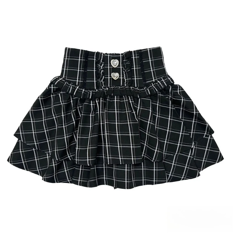 Cute Sweet Kawaii Japanese High Waist Ruched Waist Mini Skirt Women Heart Gem Bow Ruffle Layered Slim Fit Casual Daily Outfit