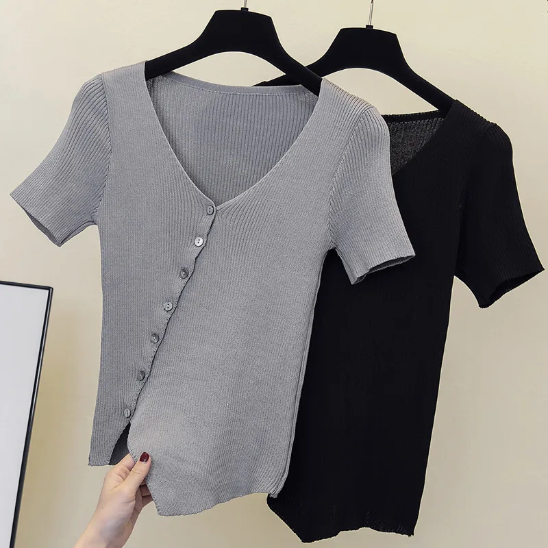 4XL size women solid kintting thin sweater pullover 2022 Summer short sleeve v neck slim Oversized sweater jumper top