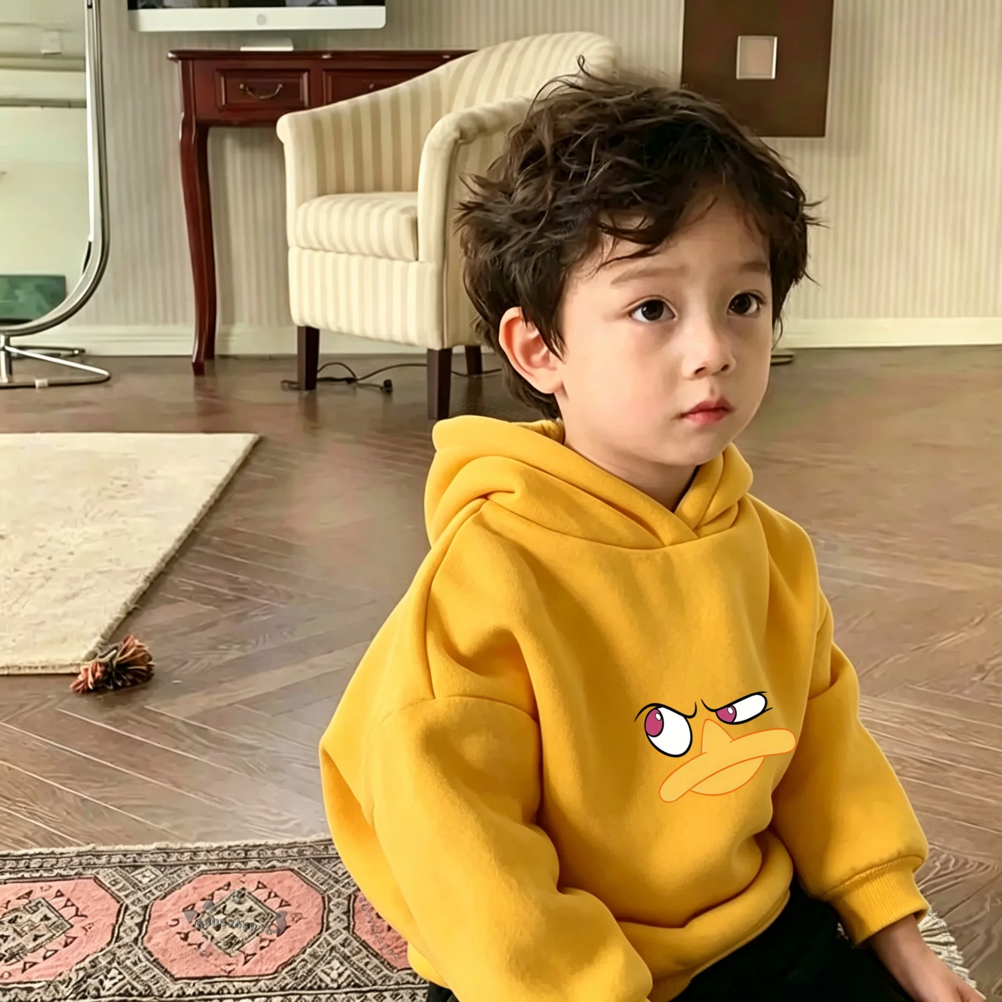 Y2K fun cartoon duck-shaped pattern printed hooded sweatshirt - your latest style boys' girls' loose casual top
